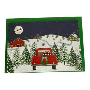 Christmas Cards Red Truck House 3 D Holiday 7" x 4" Snow Trees Reindeers NEW